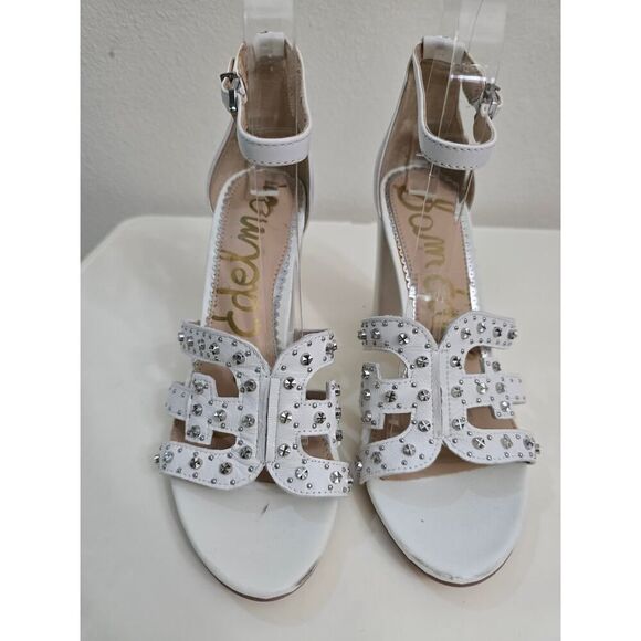 Sam Edelman "Yasha" White Leather Silver Studs Strappy Heeled Sandals Size 7.5 - Picture 9 of 11